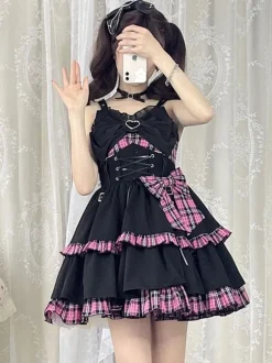 Pré-vente Style idole Lolita JSK à carreaux sans manches volants à lacets lolita jupe