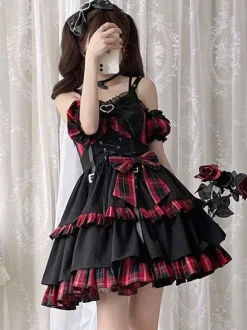 Pré-vente Style idole Lolita JSK à carreaux sans manches volants à lacets lolita jupe
