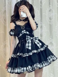 Pré-vente Style idole Lolita JSK à carreaux sans manches volants à lacets lolita jupe