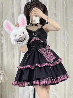 Pré-vente Style idole Lolita JSK à carreaux sans manches volants à lacets lolita jupe