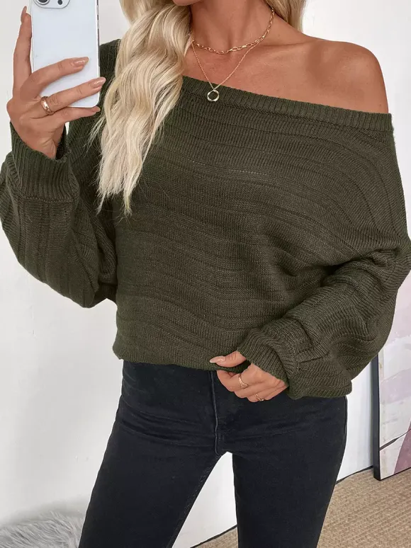 Pull en maille à manches longues et épaules dénudées coupe ample pour femme (collection 2026)