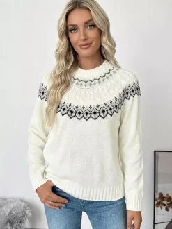 Pull en maille Fair Isle à col montant et manches longues pour femme 2026