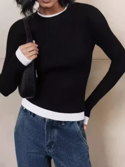 Pull en tricot côtelé à manches longues avec bords contrastés Hauts basiques décontractés pour femmes printemps 2026