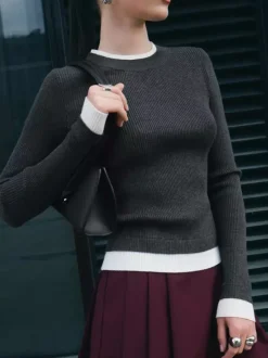Pull en tricot côtelé à manches longues avec bords contrastés Hauts basiques décontractés pour femmes printemps 2026