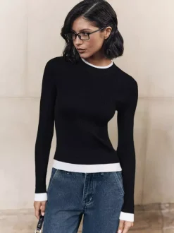 Pull en tricot côtelé à manches longues avec bords contrastés Hauts basiques décontractés pour femmes printemps 2026