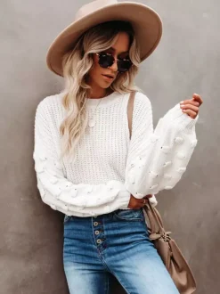 Pull en tricot uni à manches bouffantes pour femme (2026)