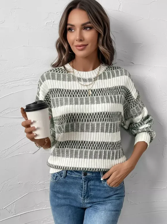 Pull À Col Bijou Bicolore Vert Femme Manches Longues Superposés En Acrylique