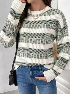 Pull À Col Bijou Bicolore Vert Femme Manches Longues Superposés En Acrylique