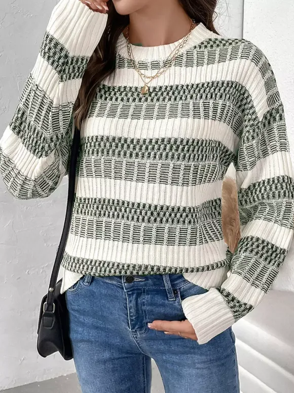Pull À Col Bijou Bicolore Vert Femme Manches Longues Superposés En Acrylique