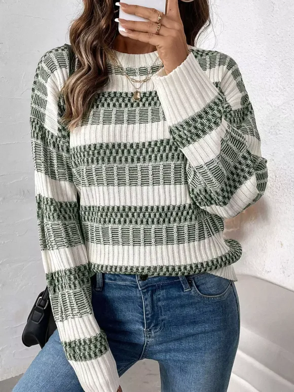 Pull À Col Bijou Bicolore Vert Femme Manches Longues Superposés En Acrylique