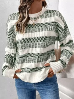 Pull À Col Bijou Bicolore Vert Femme Manches Longues Superposés En Acrylique