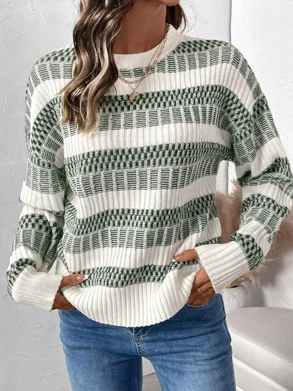 Pull À Col Bijou Bicolore Vert Femme Manches Longues Superposés En Acrylique
