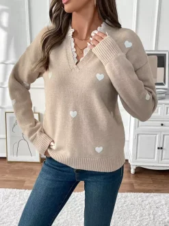 Pull à col en V imprimé c艙ur pour femme 2026