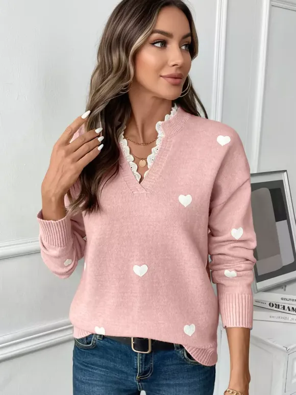 Pull à col en V imprimé c艙ur pour femme 2026