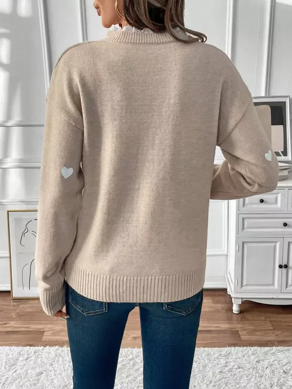 Pull à col en V imprimé c艙ur pour femme 2026