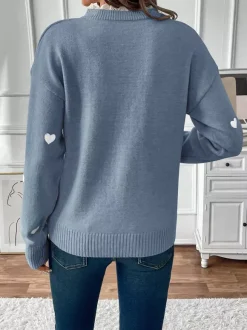 Pull à col en V imprimé c艙ur pour femme 2026