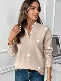 Pull à col en V imprimé c艙ur pour femme 2026