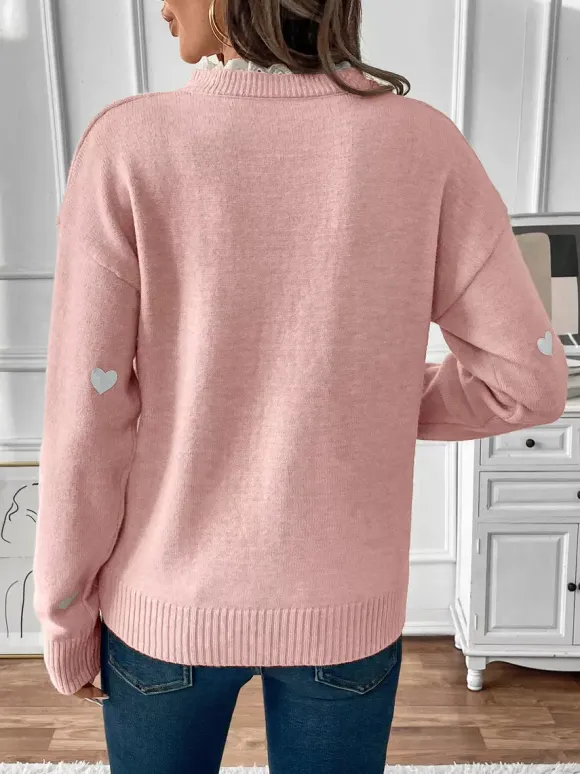 Pull à col en V imprimé c艙ur pour femme 2026