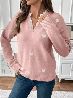 Pull à col en V imprimé c艙ur pour femme 2026