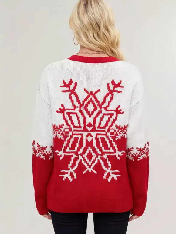 Pull de Noël à imprimé flocons de neige rouge et blanc en maille pour femme 2026