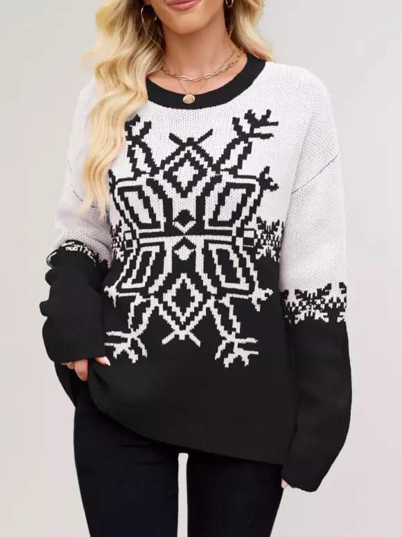 Pull de Noël à imprimé flocons de neige rouge et blanc en maille pour femme 2026