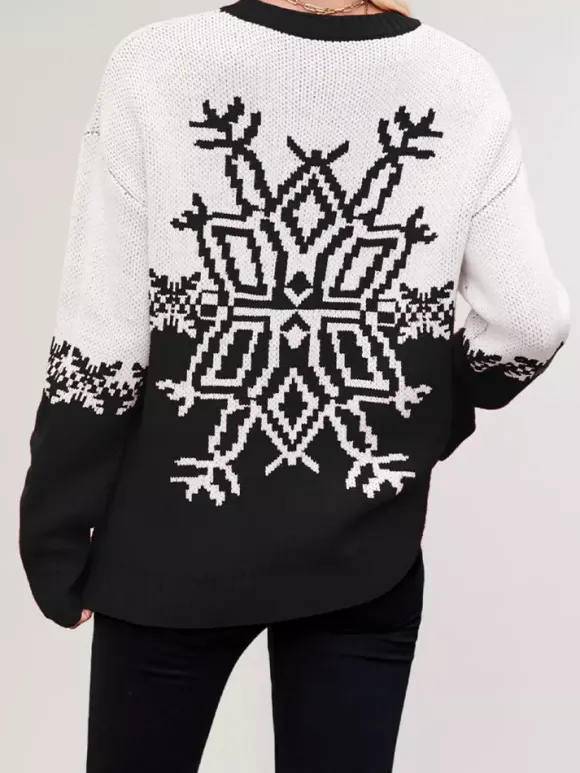 Pull de Noël à imprimé flocons de neige rouge et blanc en maille pour femme 2026