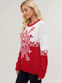 Pull de Noël à imprimé flocons de neige rouge et blanc en maille pour femme 2026