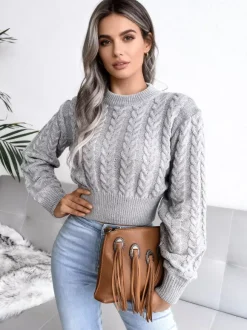 Pull Femme à Col Rond Taille Haute avec Manches Longues Unicolore