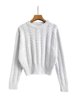 Pull Femme à Col Rond Taille Haute avec Manches Longues Unicolore