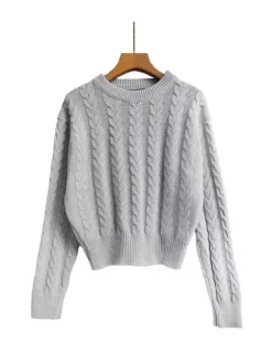 Pull Femme à Col Rond Taille Haute avec Manches Longues Unicolore