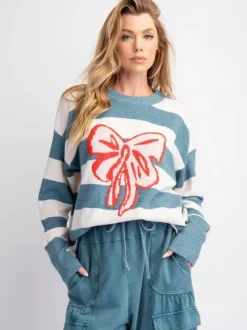 Pull oversize en maille à rayures et n艙ud papillon pour femme 2026