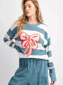 Pull oversize en maille à rayures et n艙ud papillon pour femme 2026