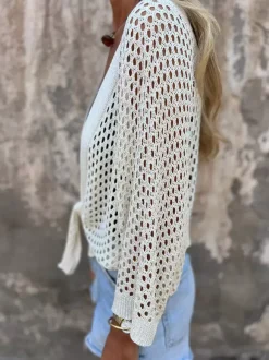 Pulls gilets blancs manches 3/4 col en V n艙ud sur le devant haut court à enfiler