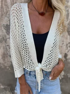 Pulls gilets blancs manches 3/4 col en V n艙ud sur le devant haut court à enfiler