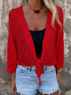 Pulls gilets blancs manches 3/4 col en V n艙ud sur le devant haut court à enfiler