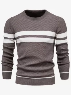 Pulls Homme Cardigan Maille Col Rond Rayures Hiver Noir Bleu