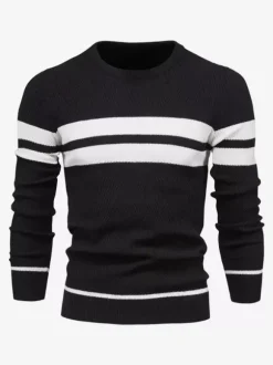Pulls Homme Cardigan Maille Col Rond Rayures Hiver Noir Bleu