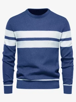 Pulls Homme Cardigan Maille Col Rond Rayures Hiver Noir Bleu
