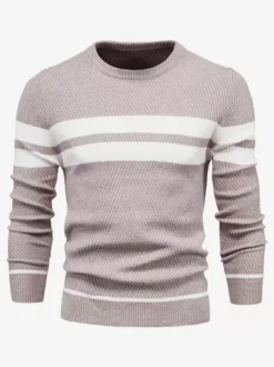 Pulls Homme Cardigan Maille Col Rond Rayures Hiver Noir Bleu