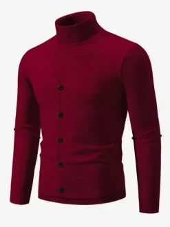 Pulls Hommes Tricots Col Haut Bleu Gris Bouton Chaud Hiver