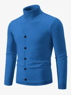 Pulls Hommes Tricots Col Haut Bleu Gris Bouton Chaud Hiver