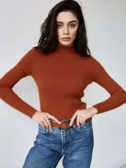 Pulls Pour Femme Gris Col Montant Manches Longues Chandails