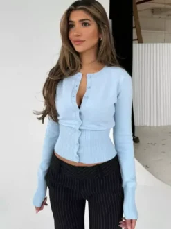 Pulls et gilets violet foncé en polyester à boutons manches longues et col rond