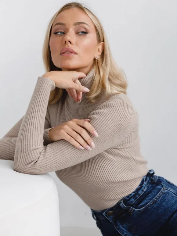 Pulls Pour Femme Kaki Col Montant Manches Longues Acrylique Chandail
