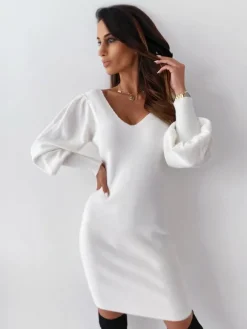 Pulls Robes en Mailles Femmes Hiver à Col en V et Dos nu avec Dentelle Silhouette avec Manche de landerne