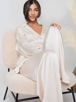 Pyjama Ensembles Café Brun Vêtement de Maison Lingerie En Soie 2 Pièces