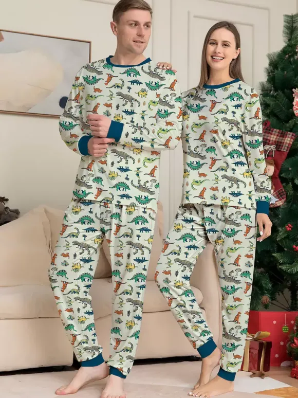 Pyjama imprimé animal col rond manches longues poignets ensemble 2 pièces