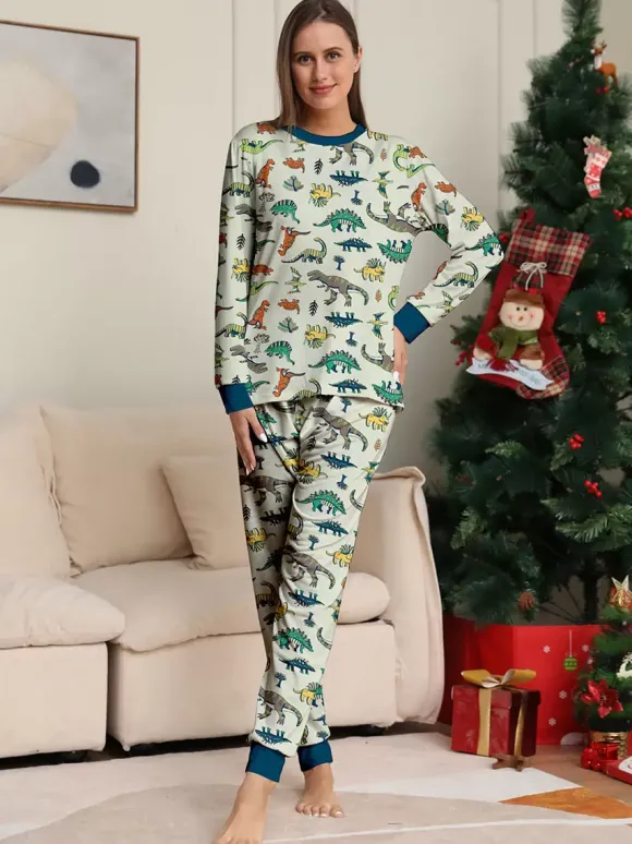 Pyjama imprimé animal col rond manches longues poignets ensemble 2 pièces