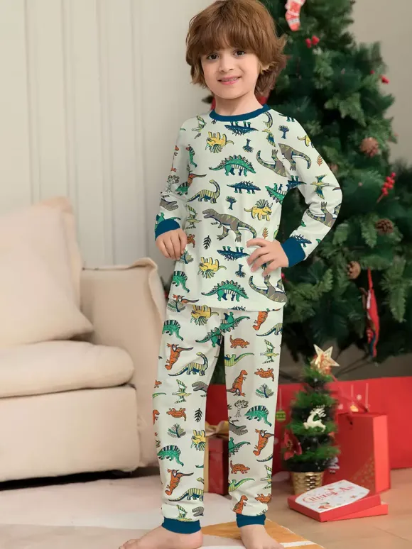 Pyjama imprimé animal col rond manches longues poignets ensemble 2 pièces