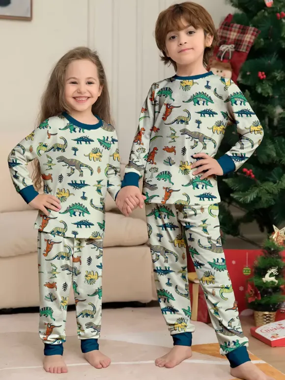 Pyjama imprimé animal col rond manches longues poignets ensemble 2 pièces